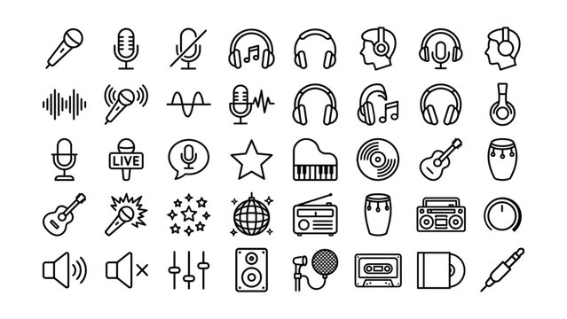 Music icons set with various audio equipment and symbols for music production  vector graphics