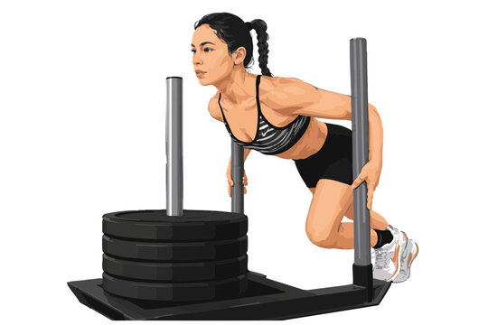 Modern flat vector illustration featuring a female athlete performing a low-position weighted sled push exercise. Isolated on white background with no branding, suitable for sports, strength, 