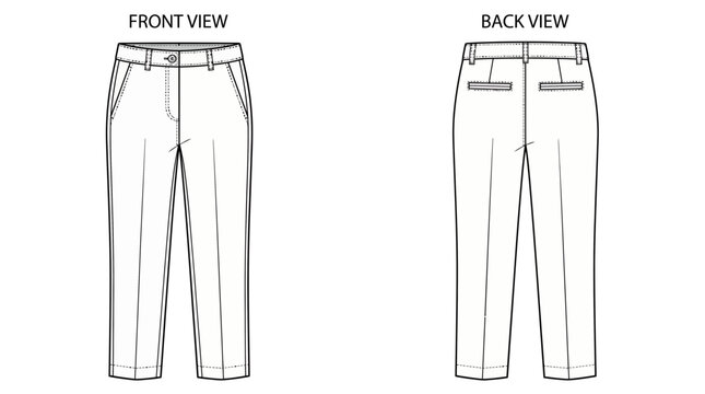 Flat technical fashion sketch of women's tapered trousers showing detailed front and back views on a white background, illustrating apparel design for fashion development or technical specifications