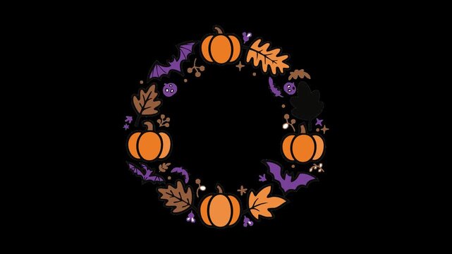 Halloween Pumpkin and Bat Wreath Illustration