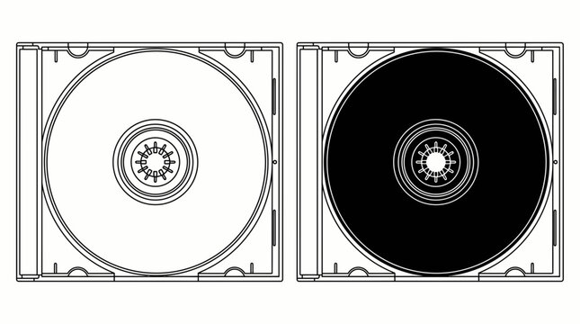 Vector outline of two open compact disc cases, one displaying a white disc and the other a black disc, illustrating digital media storage or vintage technology concepts