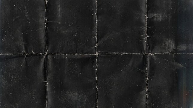 Gritty Folded Paper Texture Overlay. Distressed Creased Black Paper Background. Grunge Analog Scan Surface, Film Texture