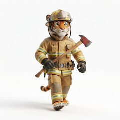 Fototapeta premium Cute 3D Tiger Firefighter Holding Fire Axe Walking on White Background