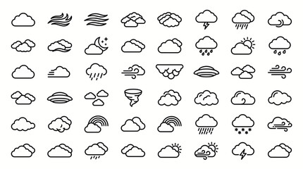 Obraz premium A comprehensive set of outline weather icons depicting various cloud formations and atmospheric conditions, illustrating forecast applications and meteorological infographics