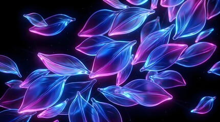 Obraz premium Transparent glass leaves floating gracefully with colorful neon glow.