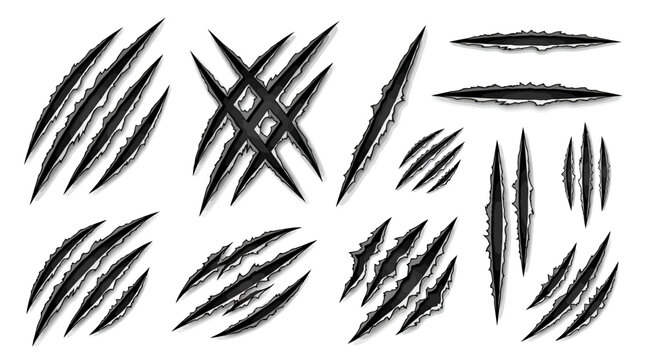 Collection of sharp, deep claw marks and aggressive animal scratches with jagged edges, realistic shadows on white background, Symbolizing danger, aggression and monster effects for design or games