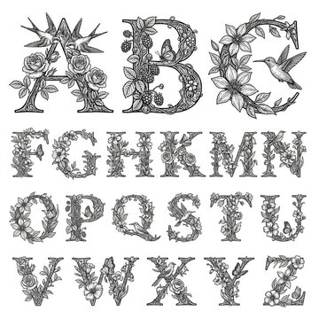 Floral Decorative Alphabet A to Z With Hand-Drawn Botanical Letters and Birds