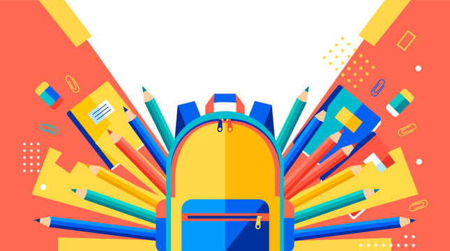Back to school banner background with a colorful backpack and radiating school supplies, flat vector template with copy space