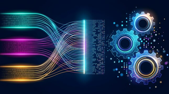 Glowing digital data stream flowing into neon gears representing artificial intelligence machine learning and automated processing.