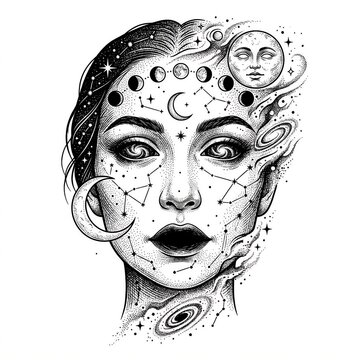 Celestial Woman Portrait With Moon Phases, Constellations and Cosmic Illustration