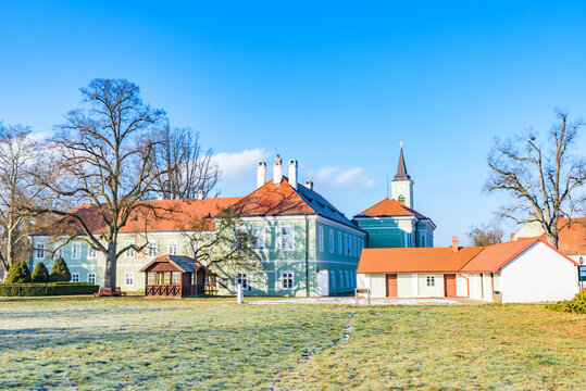 Scenic view of the National Stud Farm in Kladruby nad Labem, a UNESCO World Heritage site famous for breeding Kladruber ceremonial carriage horses.