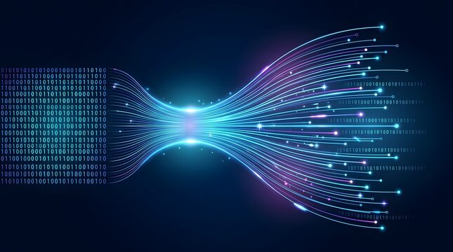 Abstract cyber space visualization with binary data matrix flowing into a luminous fiber optic connection for fast cloud computing.