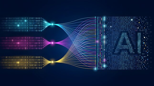 Abstract digital transformation concept showing colorful glowing binary code streams converging to form artificial intelligence text.