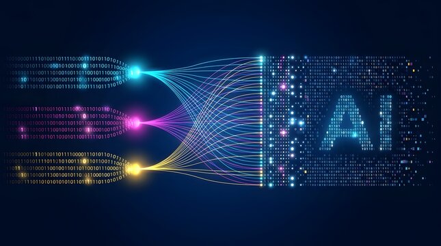 Futuristic artificial intelligence concept featuring colorful glowing binary code data streams transforming into digital AI typography.
