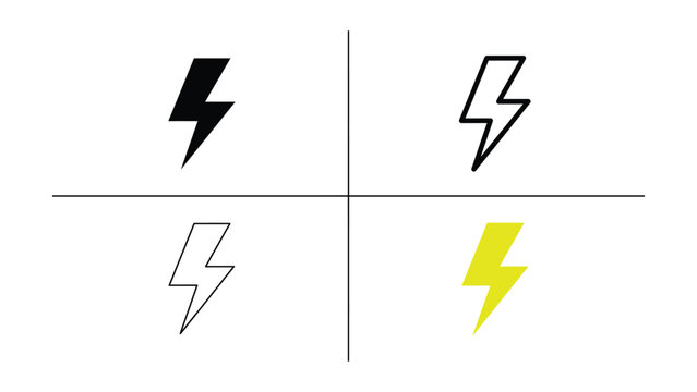 Four different lightning bolt icons in black white and yellow on white background