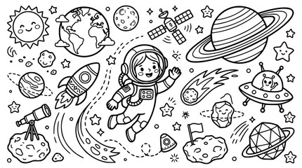 Cute Astronaut and Outer Space Doodle Vector Set with Kawaii Planets, Rockets, Aliens, Stars, and Telescopes for Children Coloring Book Designs © Kulsum