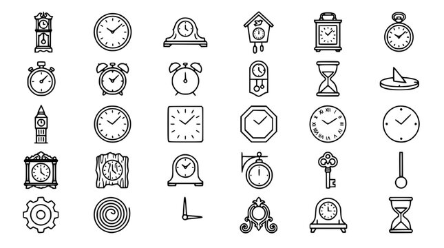 Vintage and Modern Clock Icon Set with Alarm Clocks, Grandfather Clocks, Hourglasses, Pocket Watches, and Time Measurement Symbols for Web and App Designs