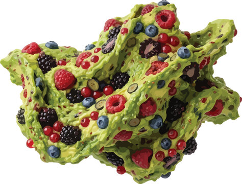 Berries compose a complex and textured abstract shape resembling organic.