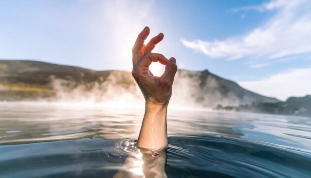 Hand gesture OK sign emerging from steaming geothermal water in Iceland.