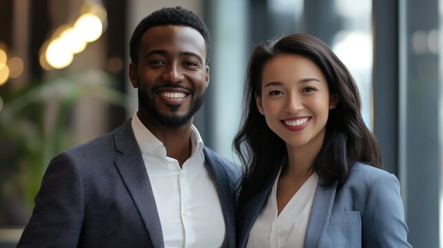 A man and a woman standing side by side, both dressed in business attire, smiling at the camera.