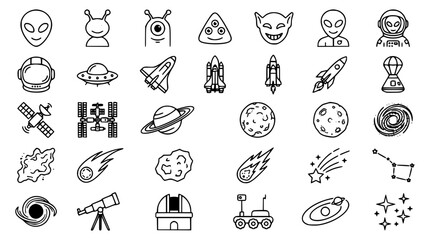 Outer Space and Alien Sci Fi Icon Set with Extra Terrestrial Creatures, Rockets, UFOs, Planets, Satellites, and Astronomy Equipment Line Art Vectors © Kulsum