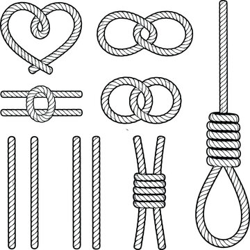 Nautical rope knots collection with heart shape and hangman noose vector illustration