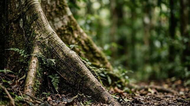 Massive buttress roots of an old growth tree in a lush green forest