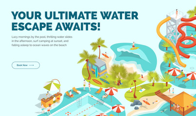 Naklejka premium Cartoon Color Your Ultimate Water Escape Awaits Concept Banner 3d Isometric View. Vector illustration of Swimming Pool Fun