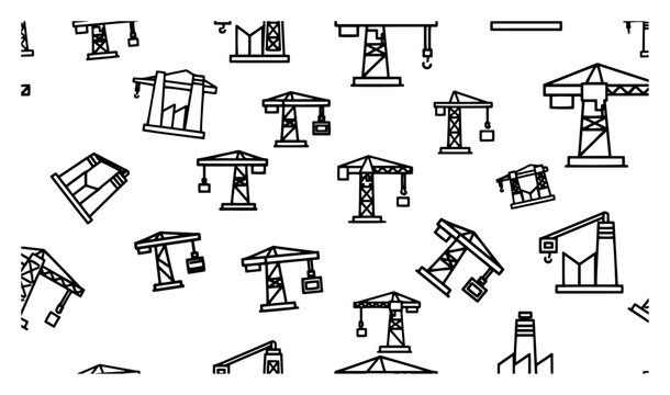 Construction tower cranes and industrial machinery seamless pattern in bold icon style