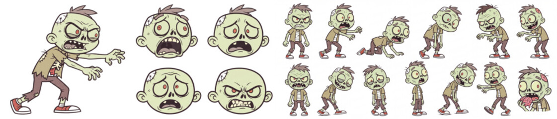 Naklejka premium Cartoon Zombie Character Vector Set With Walking Poses And Scary Face Expressions