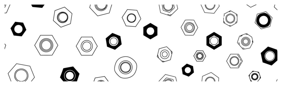 Hexagonal screw nuts and industrial hardware seamless pattern in outline style