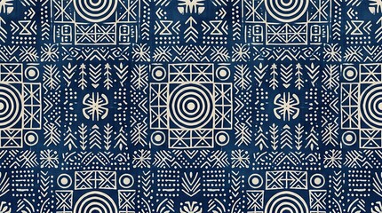 Indigo blue african mudcloth pattern with tribal geometric motifs