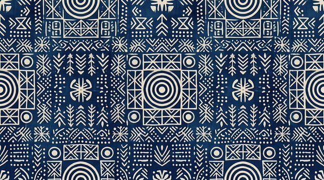 Indigo blue african mudcloth pattern with tribal geometric motifs
