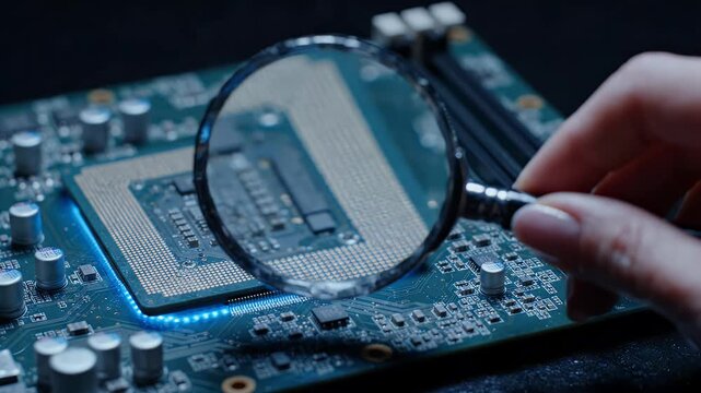 Magnifying Glass Inspecting CPU on Circuit Board - A close-up shot of a computer CPU being examined under a magnifying glass on a blue-lit circuit board, suggesting deep technical analysis or