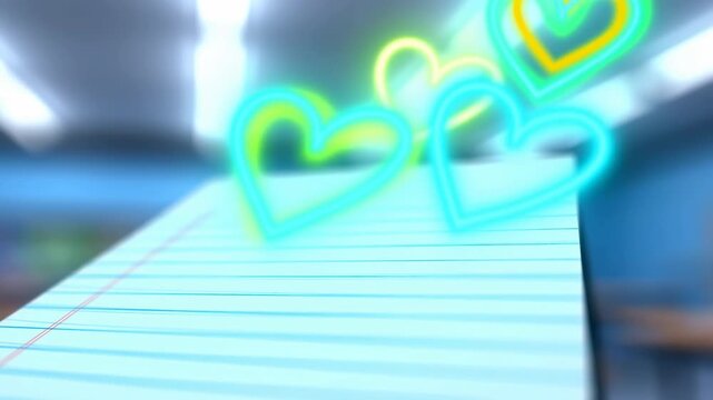 Close low angle view of lined notebook page with clustered neon heart doodles on smooth ruled paper in cool interior light, with notebook, paper, heart, doodle detail