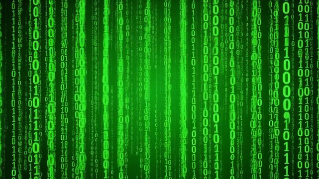 Digital rain pattern in deep green hues with glowing highlights and subtle motion for technology concepts