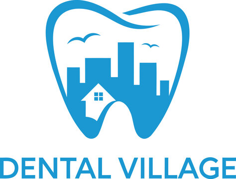 Modern blue tooth shaped logo design concept with a city skyline and house inside for dental care clinic branding