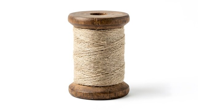 Vintage Wooden Spool with Beige Thread Isolated on White