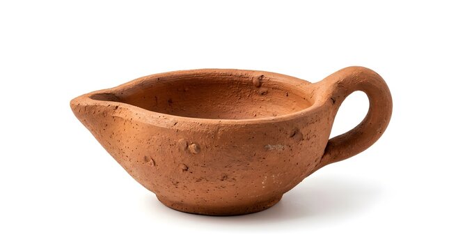 Small rustic terracotta clay pitcher or oil lamp on white background