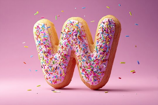 Playful 3D Cartoon Letter W with Sweet Donut Texture and Colorful Sprinkles