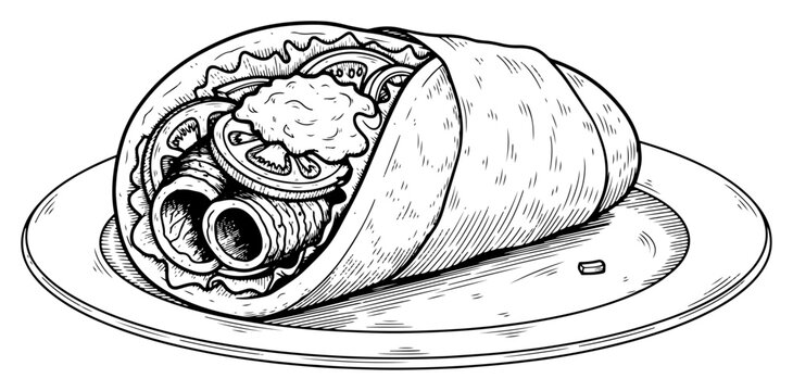 Meat kebab wrap with fresh vegetables on a plate in vintage engraving style