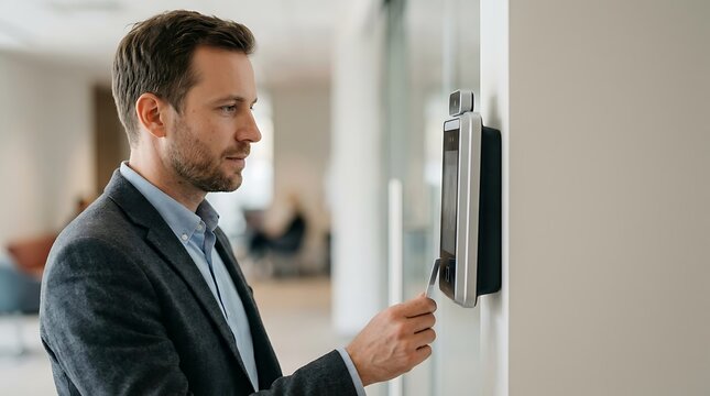 Professional man using security key card on office access control