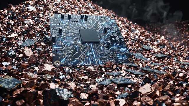 Semiconductor Chip on Raw Material with Electrical Sparks - A detailed close-up of a microchip circuit board resting on a bed of metallic raw materials.