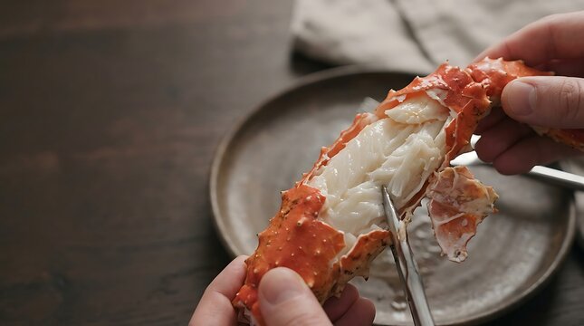 Hands opening a fresh cooked king crab leg to reveal white meat