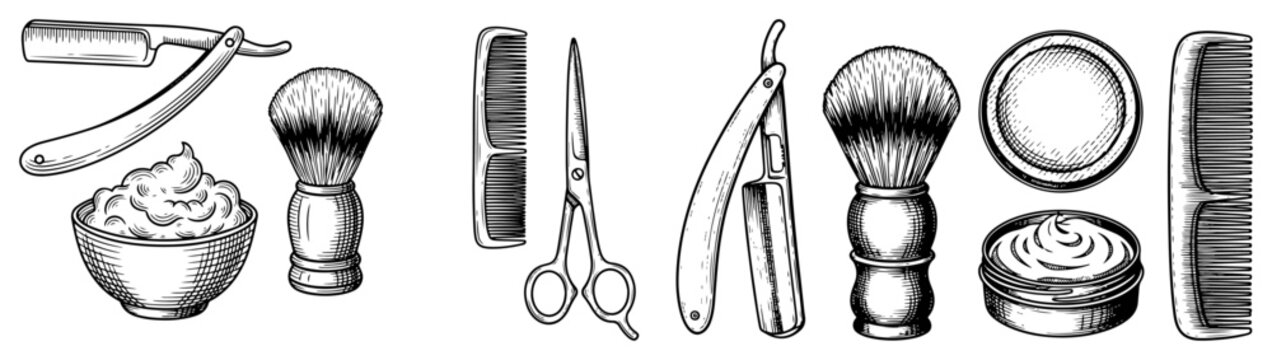 Barbershop grooming tools collection with straight razors and brushes in vintage engraving style