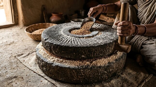Person pouring grain into an ancient stone mill for manual grinding