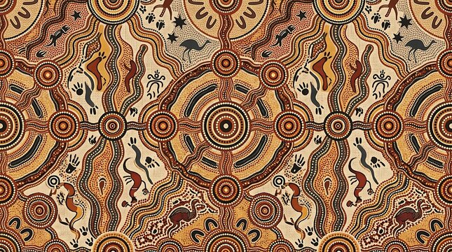 Aboriginal style dot art pattern with tribal symbols and animals