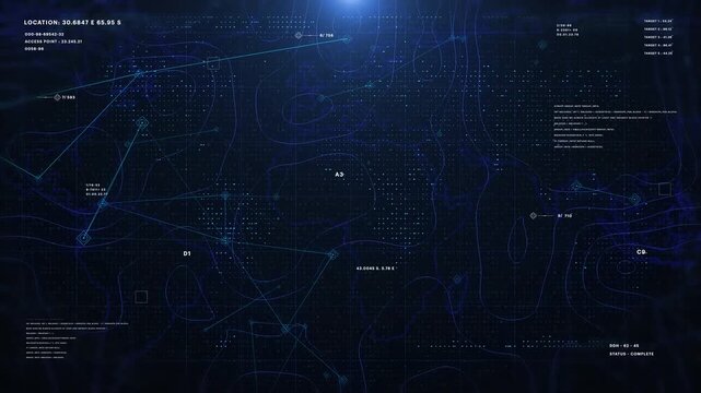 Digital stylized world map with glowing plexus communication network. Technology futuristic cyberspace with hud system.