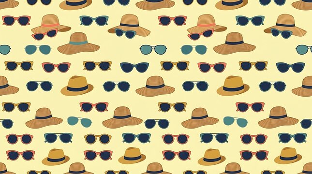 Seamless summer pattern with various straw hats and sunglasses