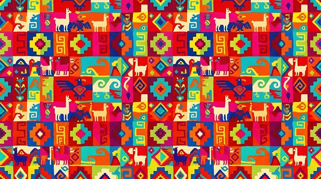 Vibrant andean folk art pattern with llamas and geometric motifs